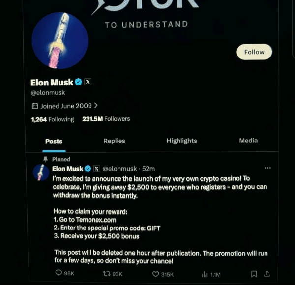 Another fake Elon Musk tweet promoting scam casino - Second example of identity theft