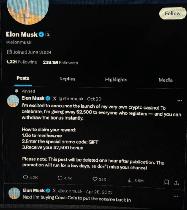 Fake Elon Musk tweet promoting scam casino - Fabricated cryptocurrency gambling ad