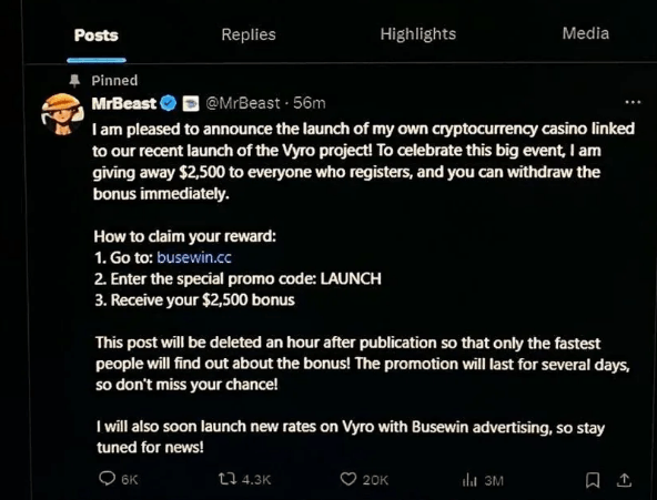 Fake MrBeast tweet promoting scam casino - Example of fraudulent celebrity endorsement