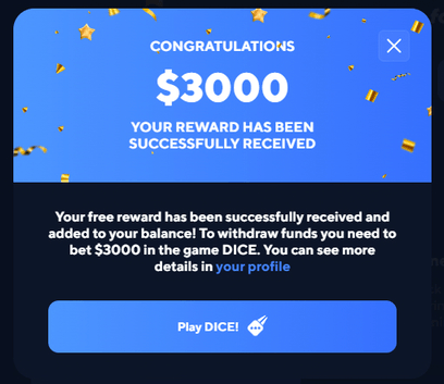 Fake reward notification showing false winnings on Gambler Panel scam casino